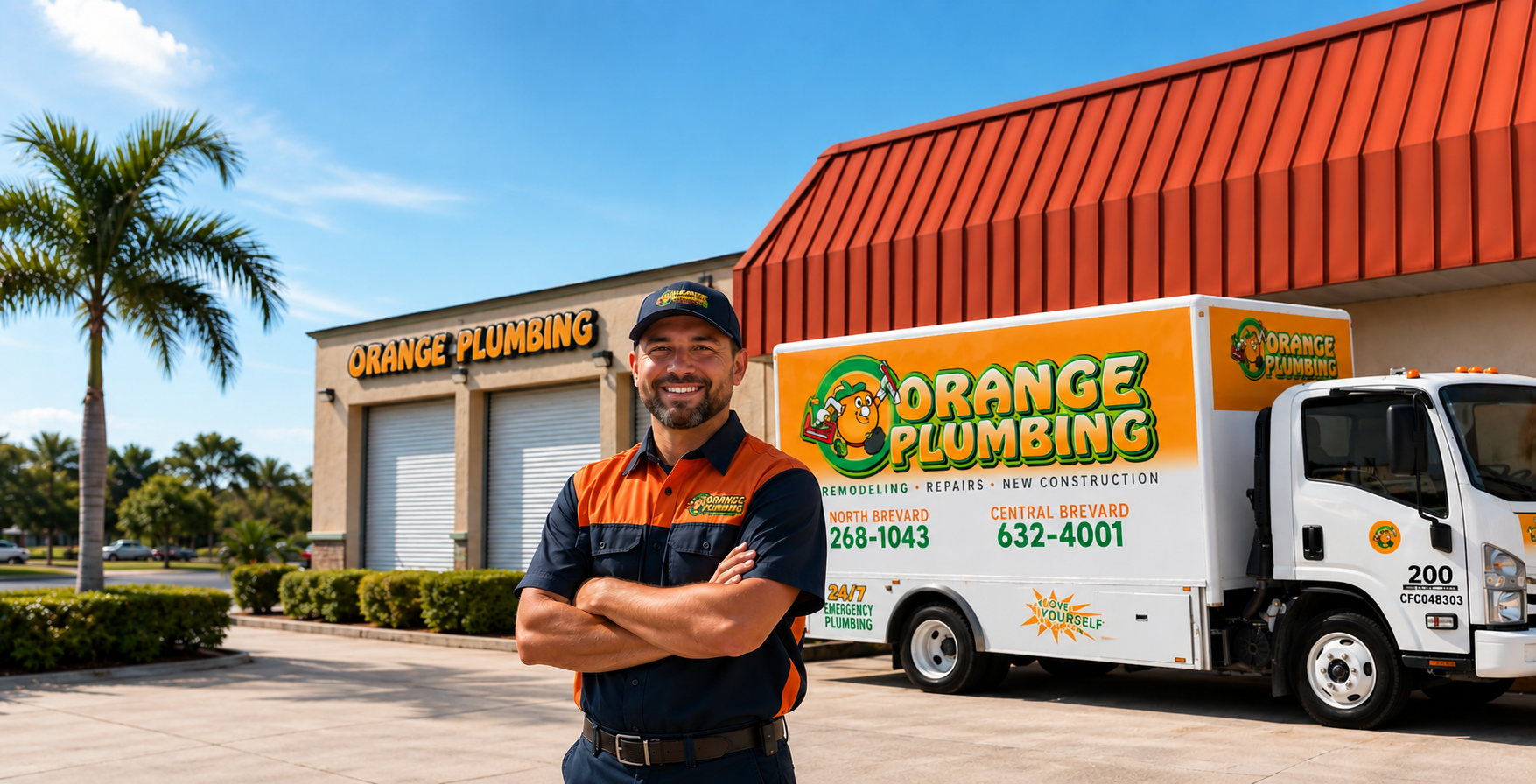 Orange Plumbing technician standing in front of branded service van outside the Titusville, Florida shop
