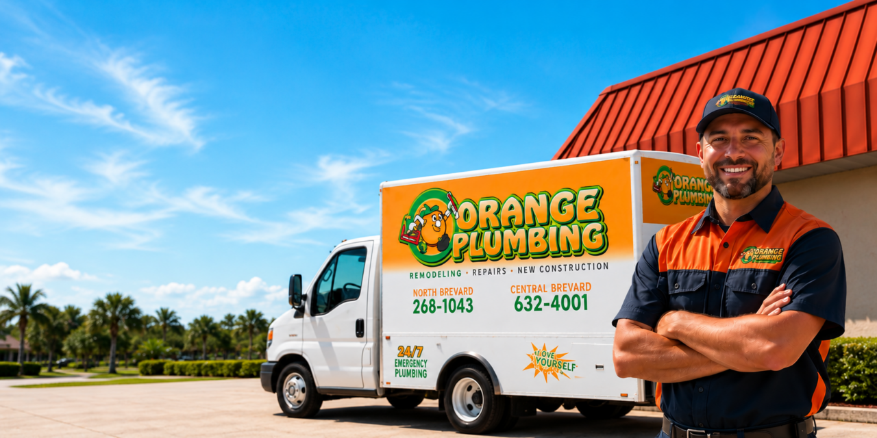 Orange Plumbing technician standing in front of branded service van outside the Titusville, Florida shop