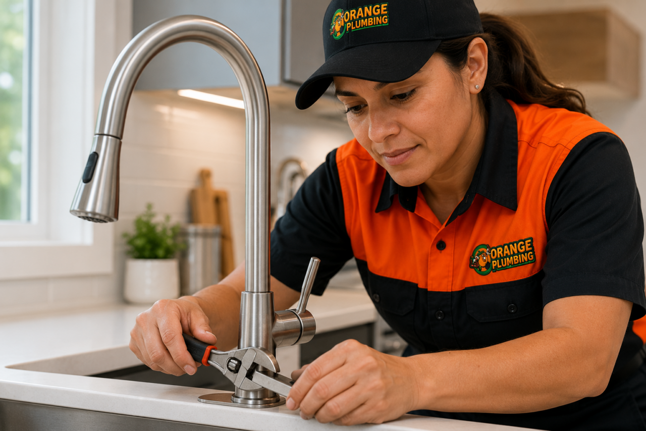 Plumber installing a kitchen faucet in Brevard County