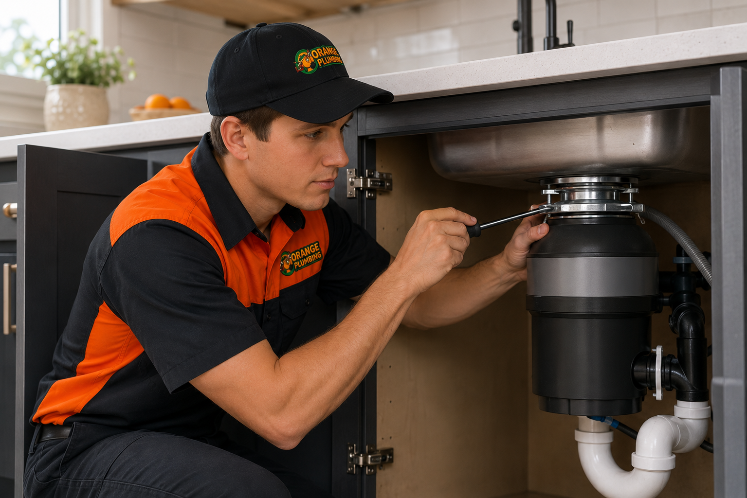 Plumber installing a garbage disposal under a kitchen sink