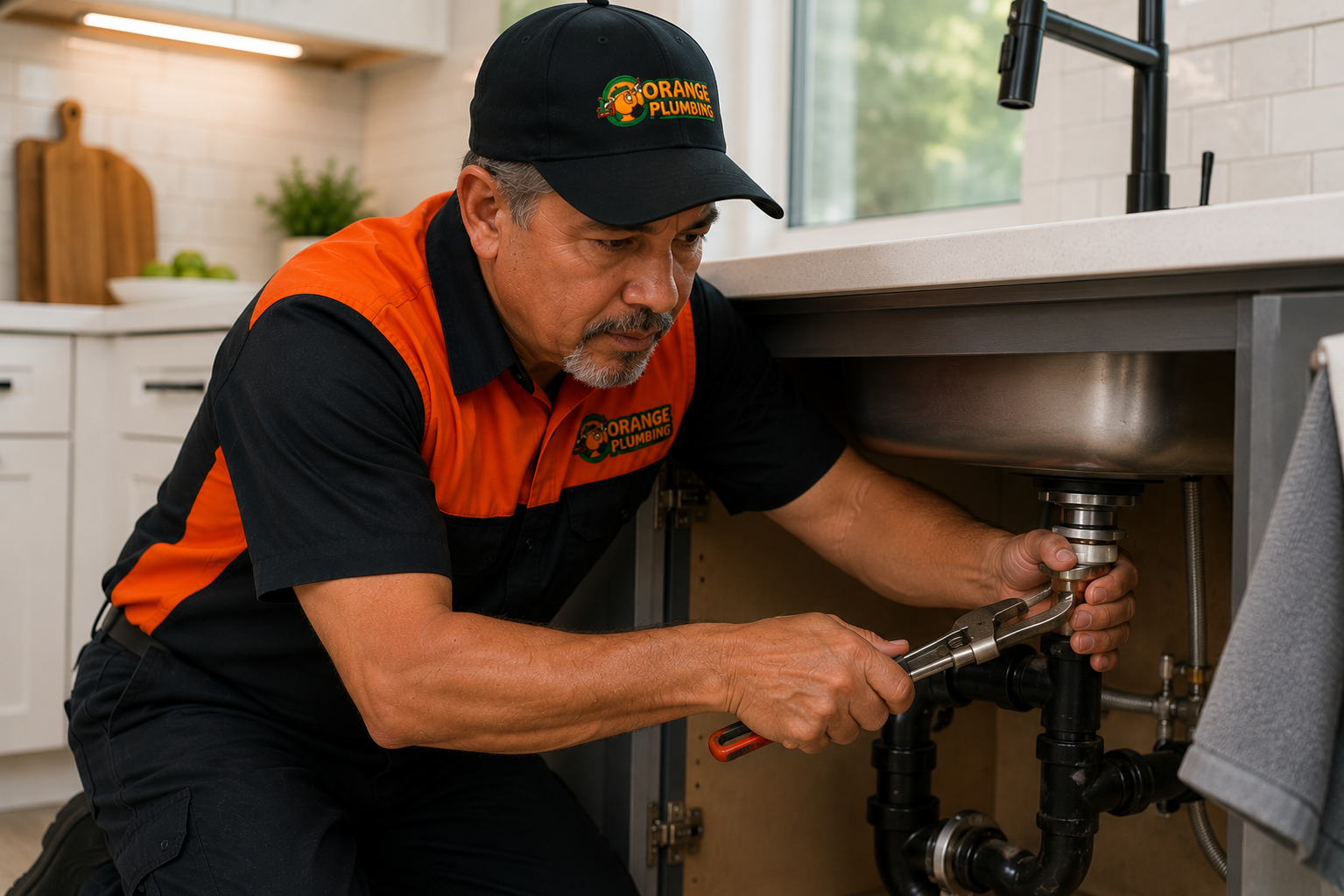 Plumber repairing kitchen sink plumbing in Brevard County