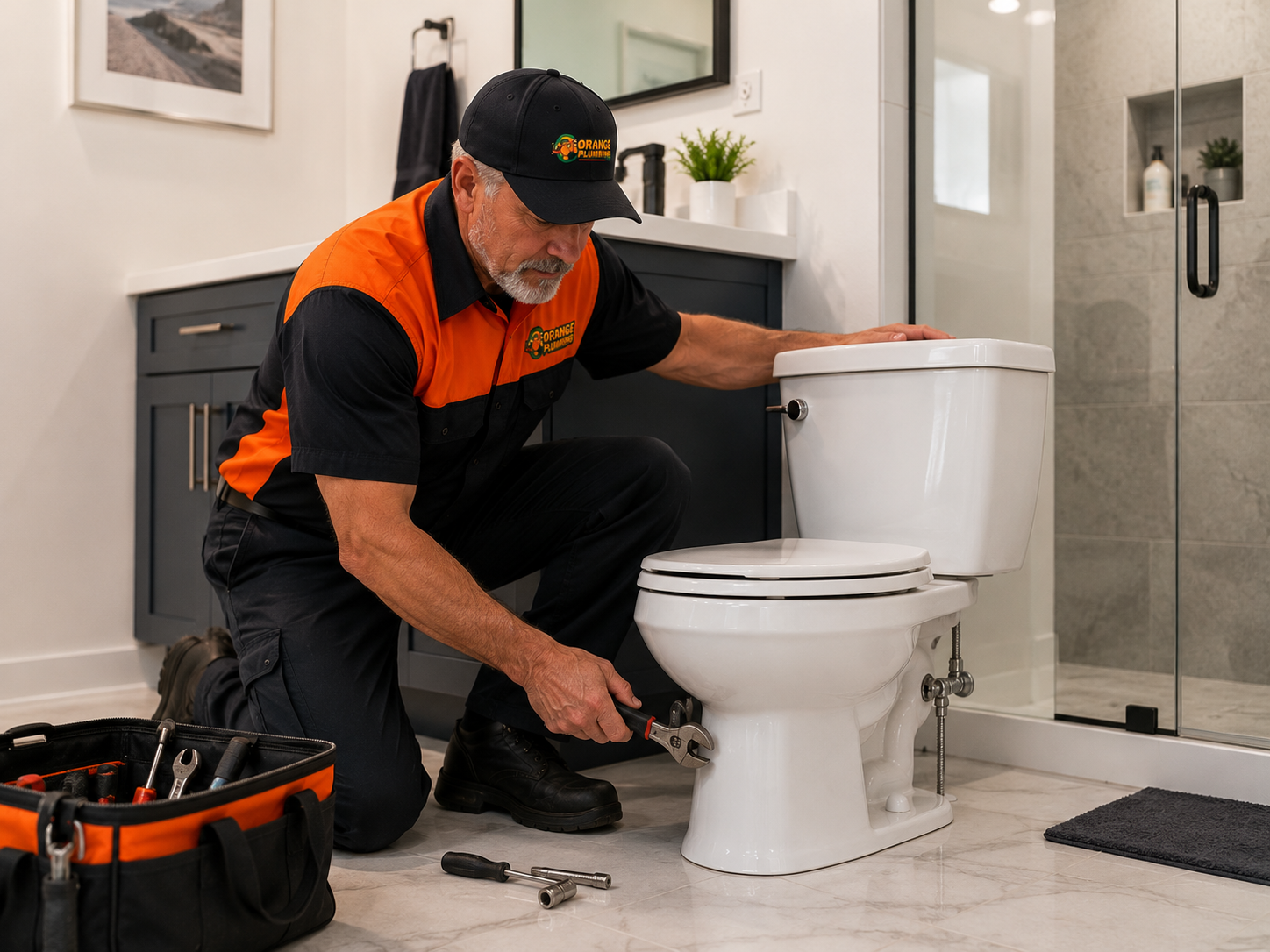Plumber repairing a toilet in a Brevard County home