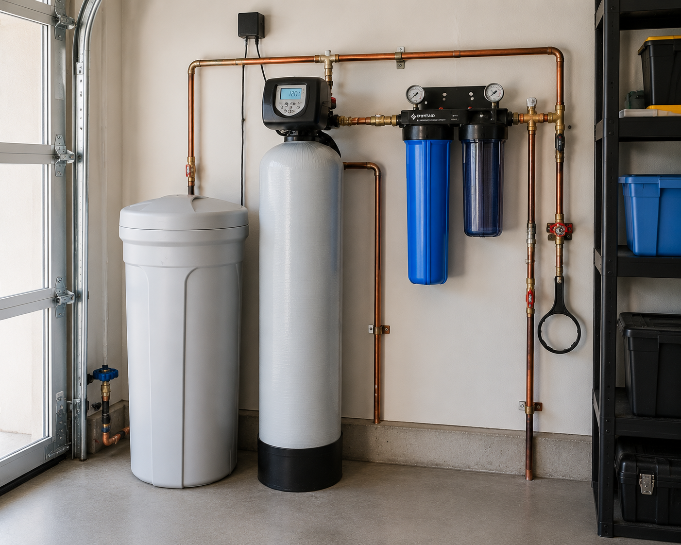 Whole-home water filtration and softener system in a Brevard County garage