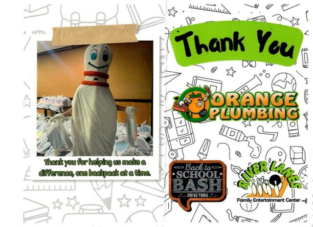 Thank you card from River Lanes Family Entertainment Center to Orange Plumbing for sponsoring the 10th Annual Back to School Bash