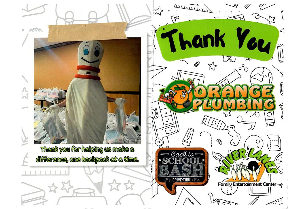 Thank you card from River Lanes Family Entertainment Center to Orange Plumbing for sponsoring the 10th Annual Back to School Bash